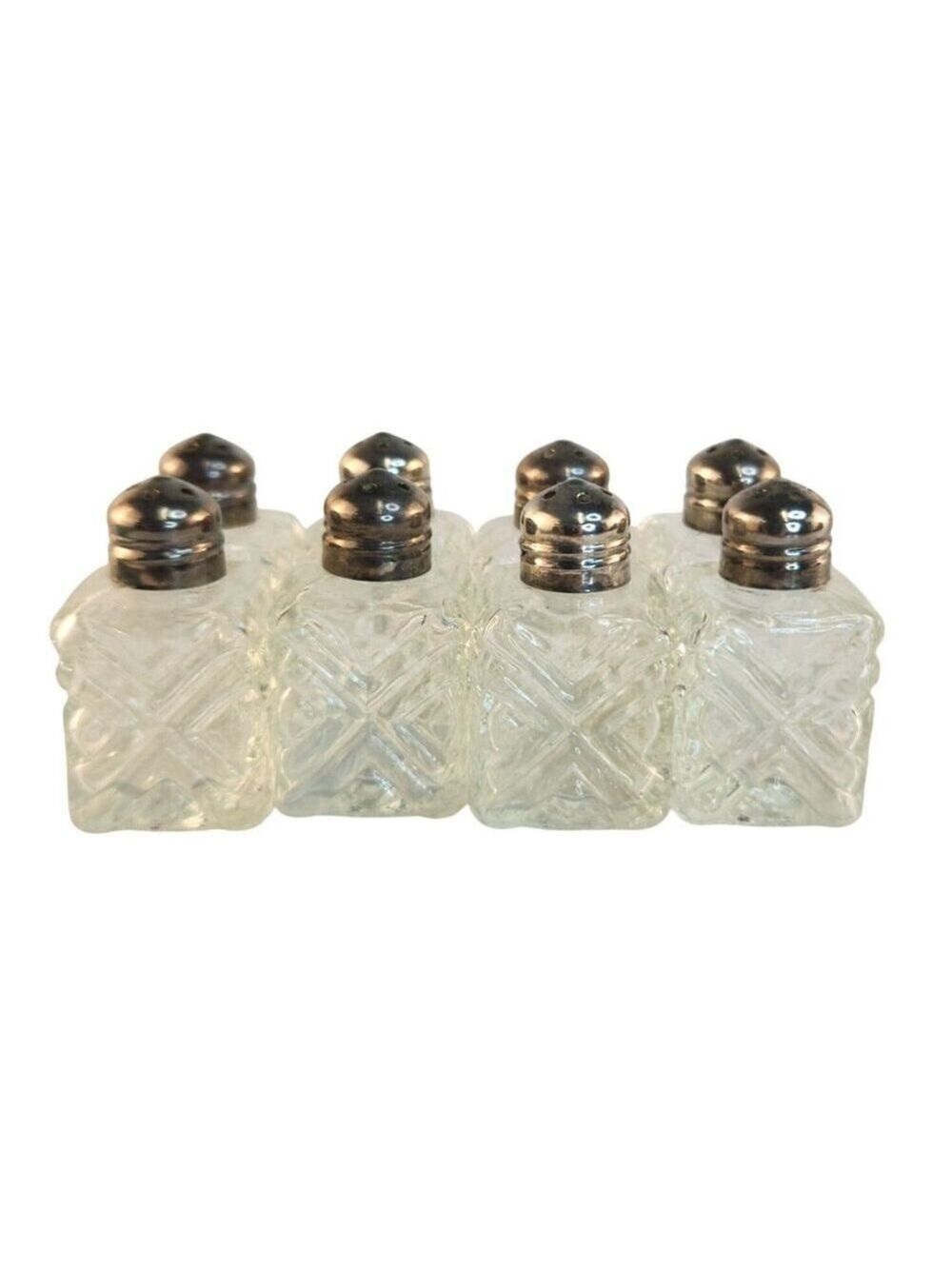 Set Of 8 Vintage Glass Salt & Pepper Shakers With Metal Lids